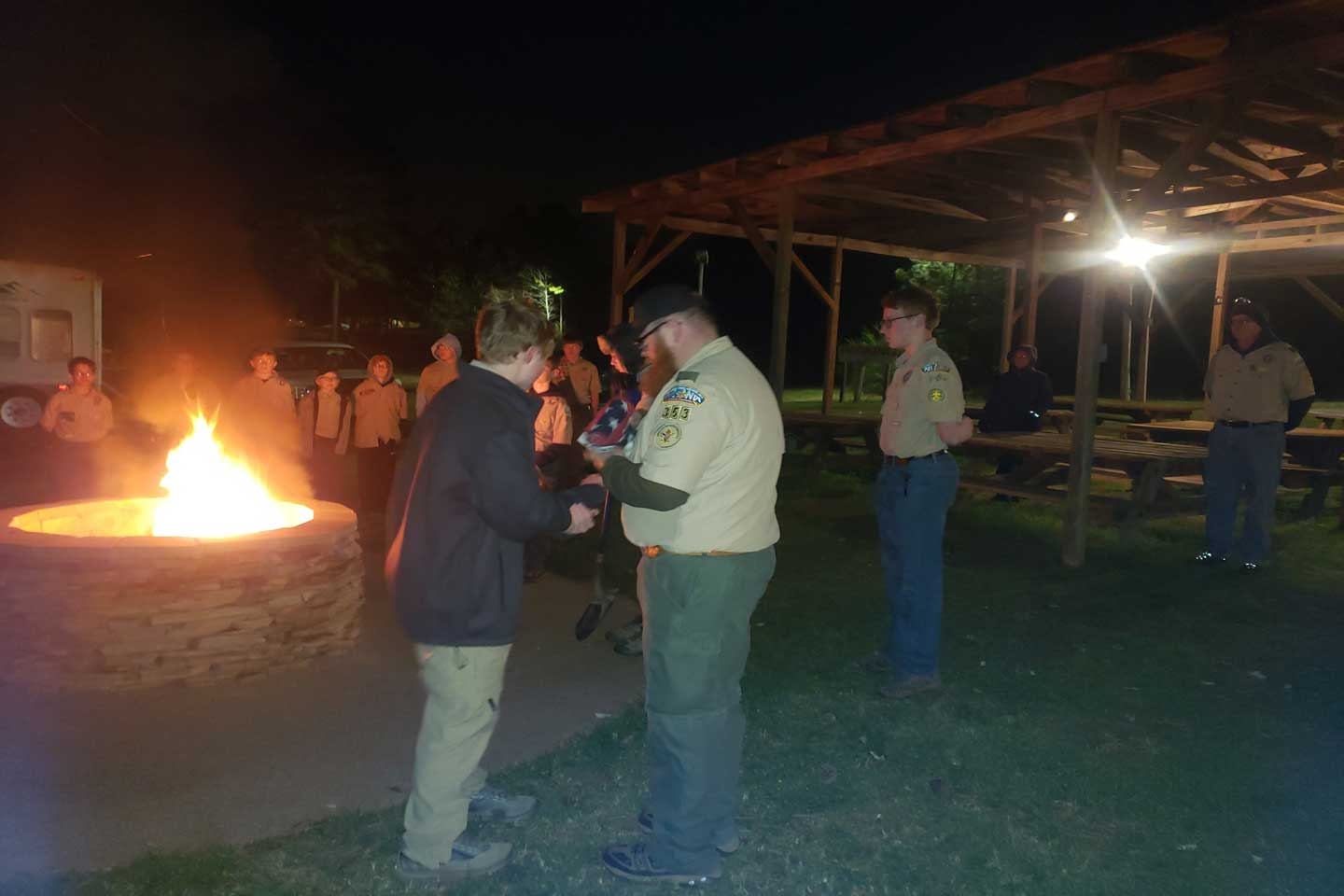 On Thursday March 14, 2019, Officers, and Auxiliary Members of Veterans of Foreign Wars Post 7402 were joined by members of Boy Scout Troop 353 {Powder Springs. GA.} and Troop 23{Rockmart, GA.} ceremoniously retiring 75 United States of American flags.